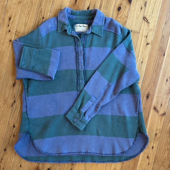 We The Free Tops - We The Free Olive Green and Gray Striped Button Pullover